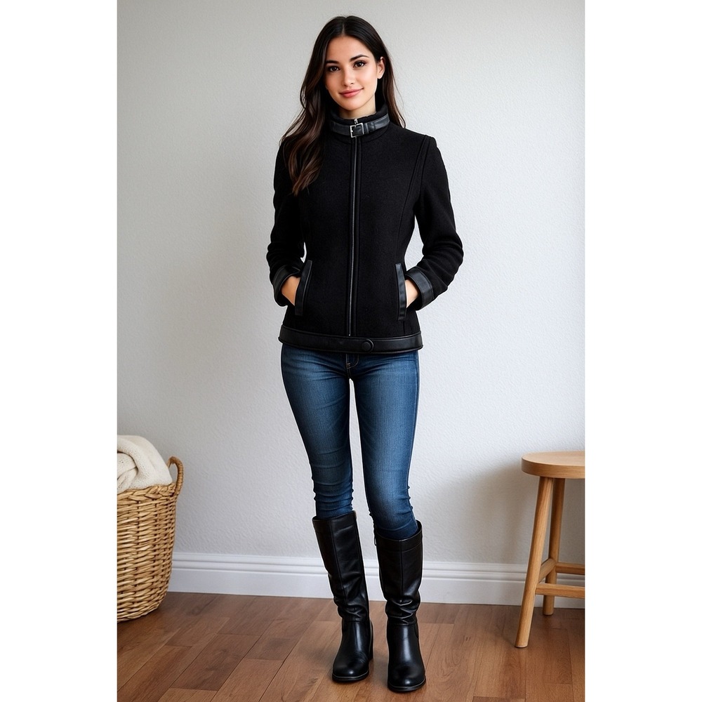 Jenne‎ Maag Jacket Womens M Black Wool Moto Biker Leather Trim Zip Up USA